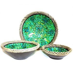 rattan bowl set golden green