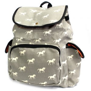 grey horses travelers backpack