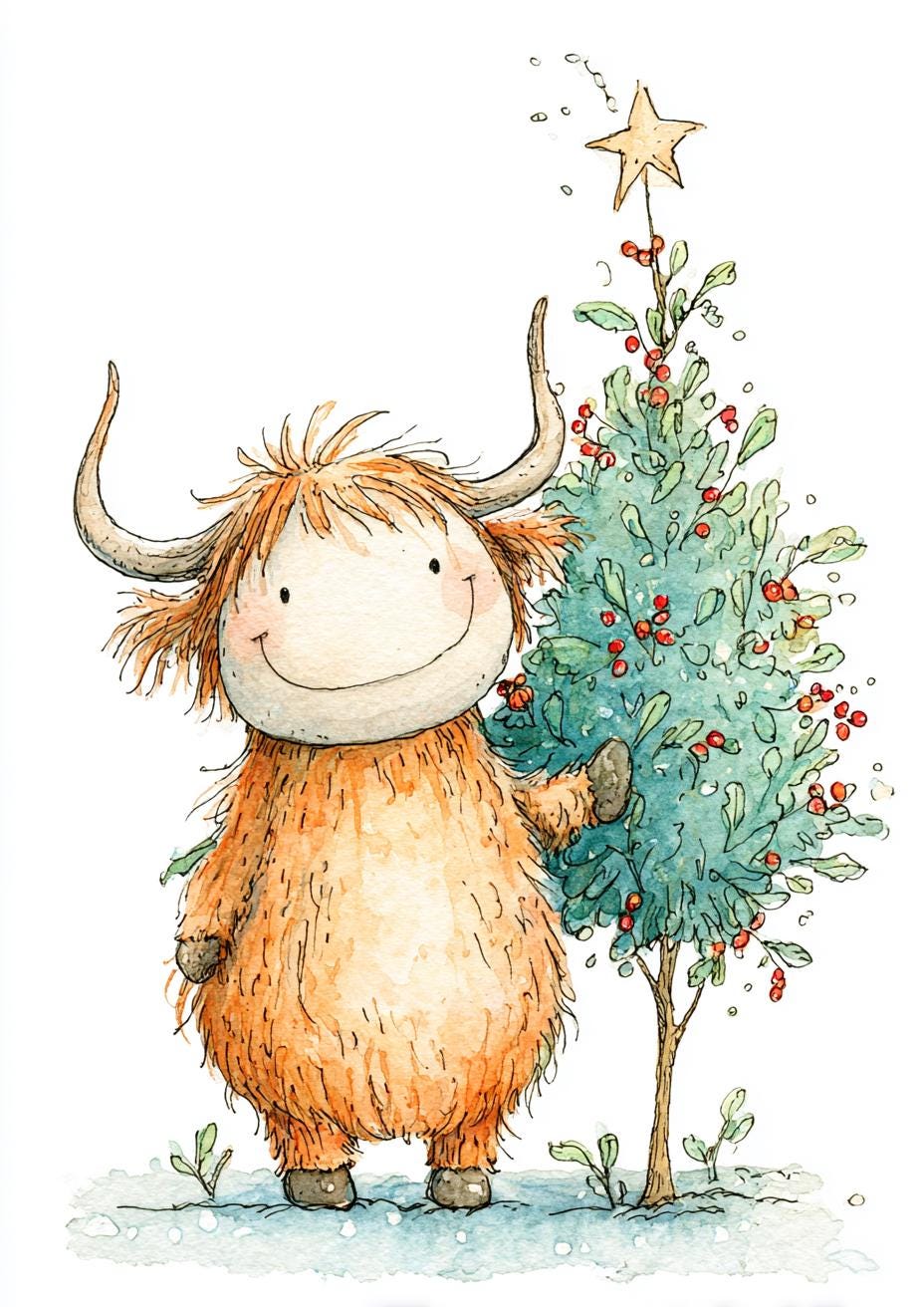 Christmas Cow PNG Set, Cute Highland Cow With Tree Clipart, Winter Farm ...
