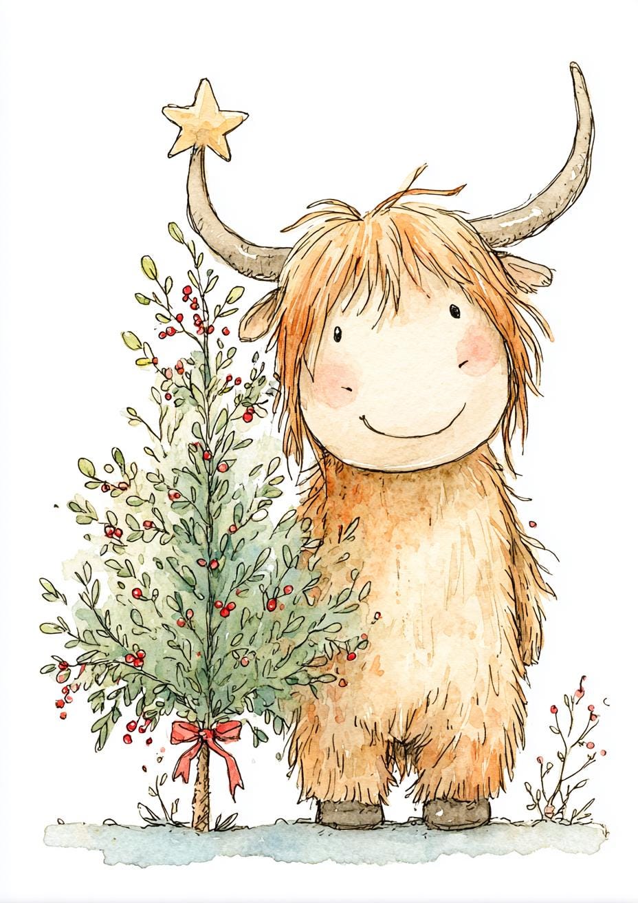 Christmas Cow PNG Set, Cute Highland Cow With Tree Clipart, Winter Farm ...