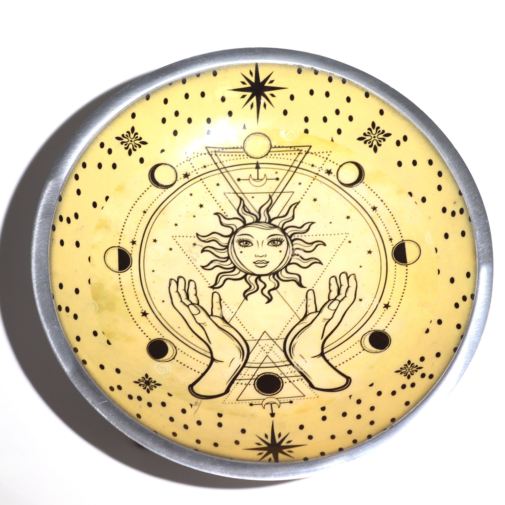 Triple Leg Enamelled Offering Plate - Hands & Sun - Image 3
