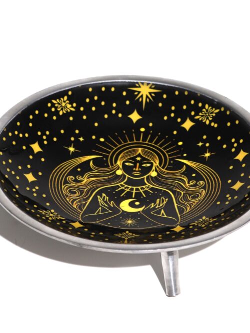 Triple Leg  Enamelled  Offering Plate - Gold Goddess on Black