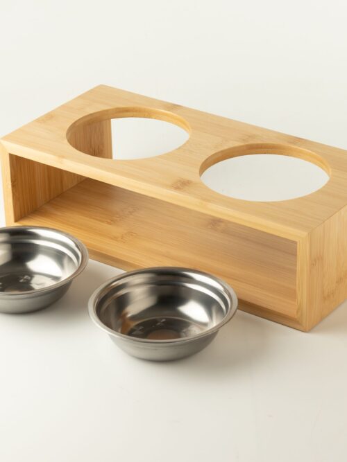 PAW Food Bowls - Large Double Stainless Steel (201) in Wooden Stand - 2x13cm