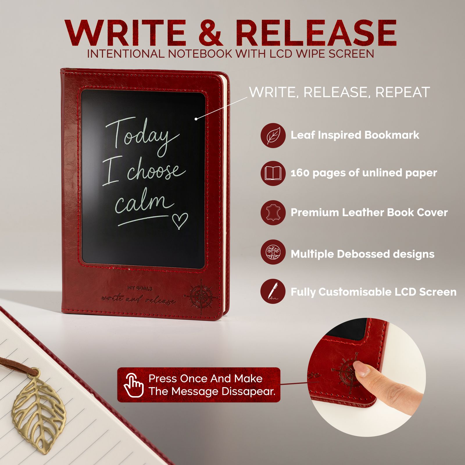 A5 Intention Note Book - LCD Wipe Screen - Red Leather Effect - 80 Leafs - Image 15