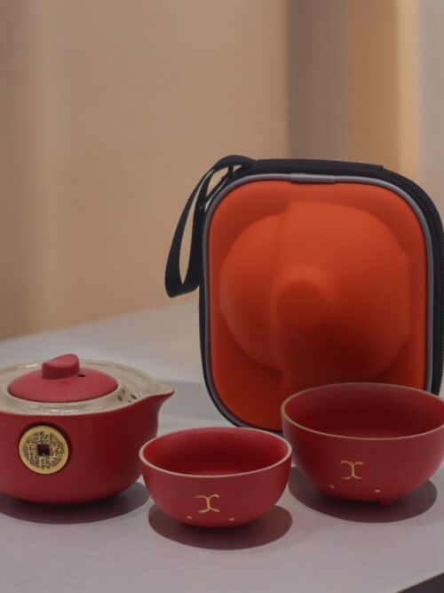 Money Cat Teapot Set - Two Cups - Travel Pack - Red