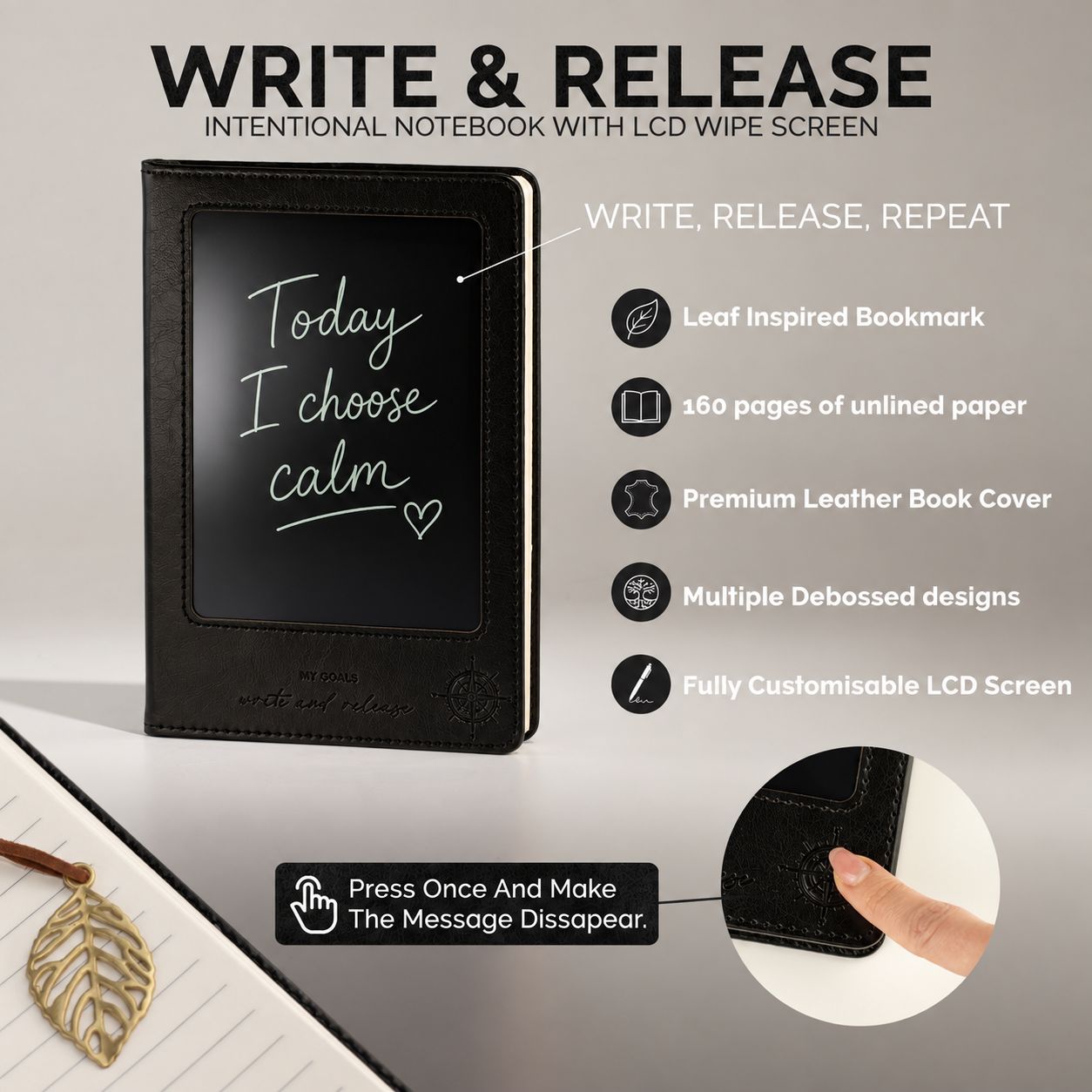 A5 Intention Note Book - LCD Wipe Screen - Black Leather Effect - 80 Leafs - Image 14