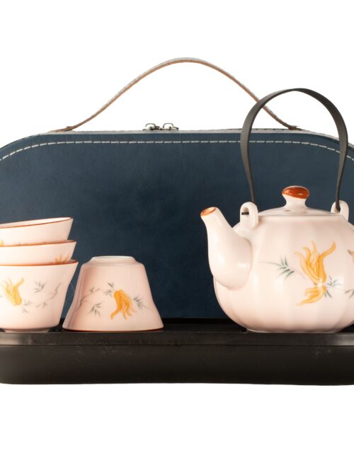 Travel Teapot Set & Four Cups - Pink Vintage Pumpkin Style