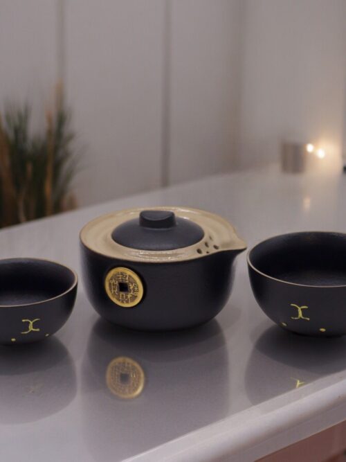 Money Cat Teapot Set - Two Cups - Travel Pack - Black