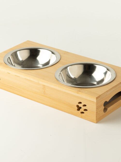 PAW Food Bowls - Double Stainless Steel in Wooden Stand - 2x12cm