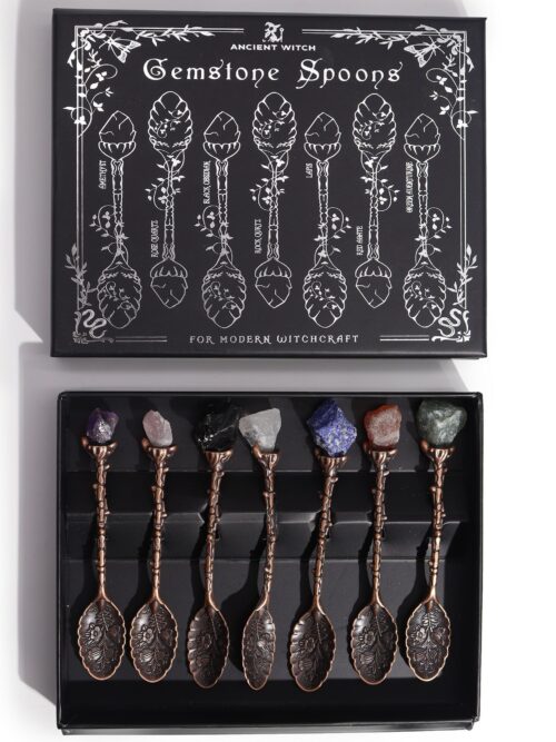 Set of 7 Bronze Gemstone Crystal Witch Spoons