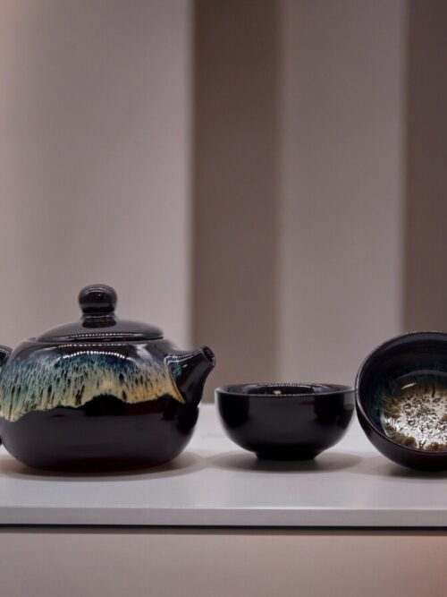 Herbal Black Glaze Teapot Set - Pot & Two Cups