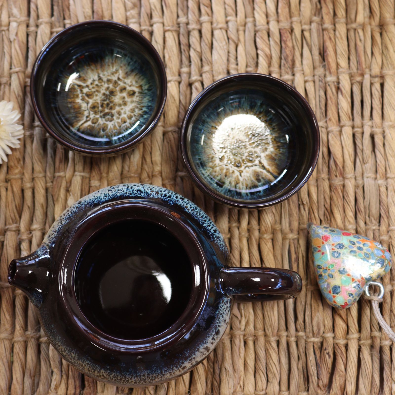 Herbal Black Glaze Teapot Set - Pot & Two Cups - Image 2