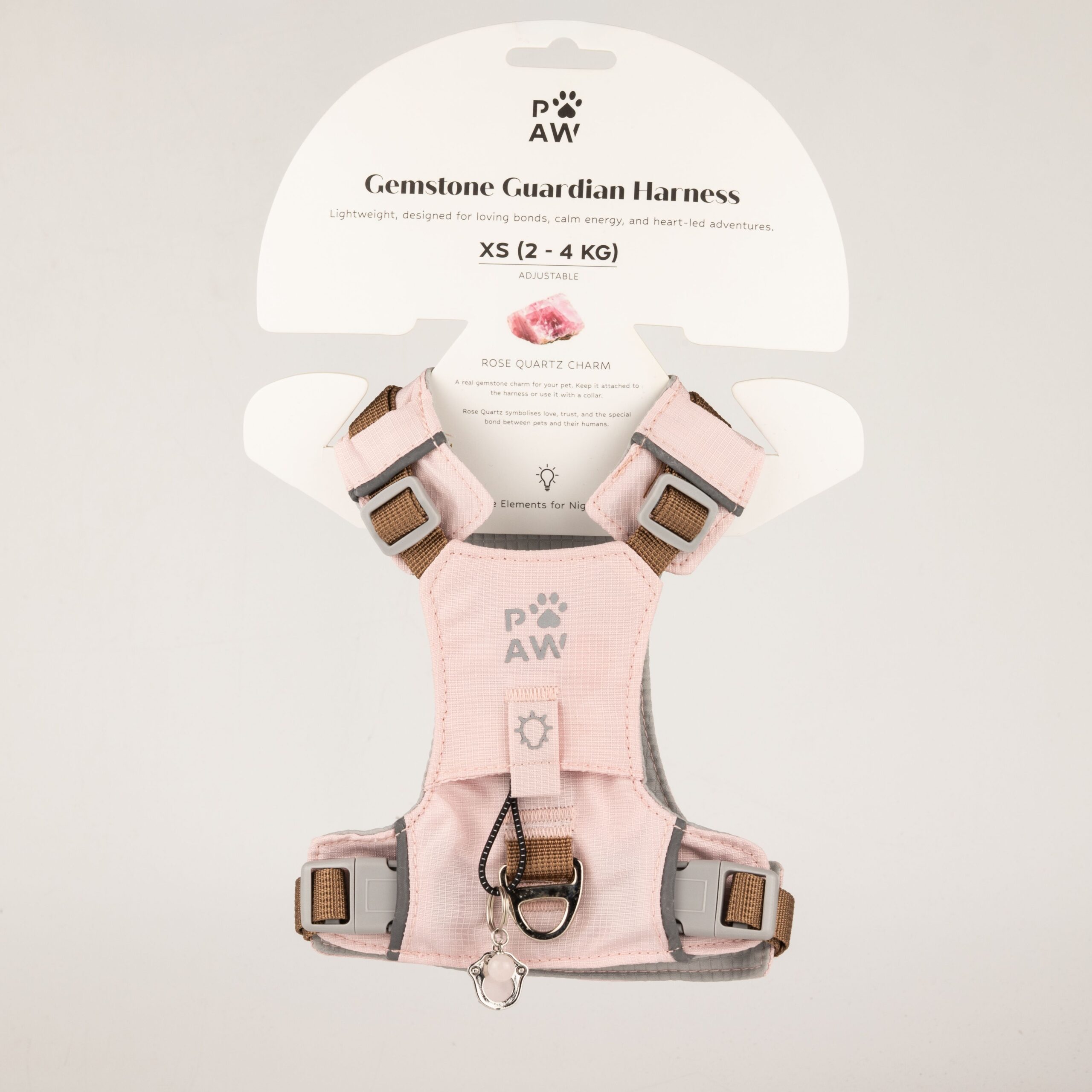 PAW - XS (2-4Kg) Dog Step-in Guardian Harness with Reflective Mesh - Soft Pink - Rose Quartz Charm